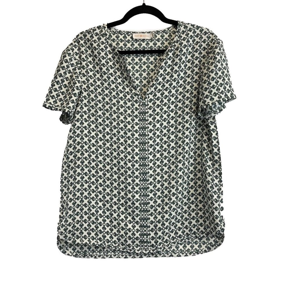 Tory Burch - Excellent - Chain Short Sleeve Shirt - White, Green - Small - Top